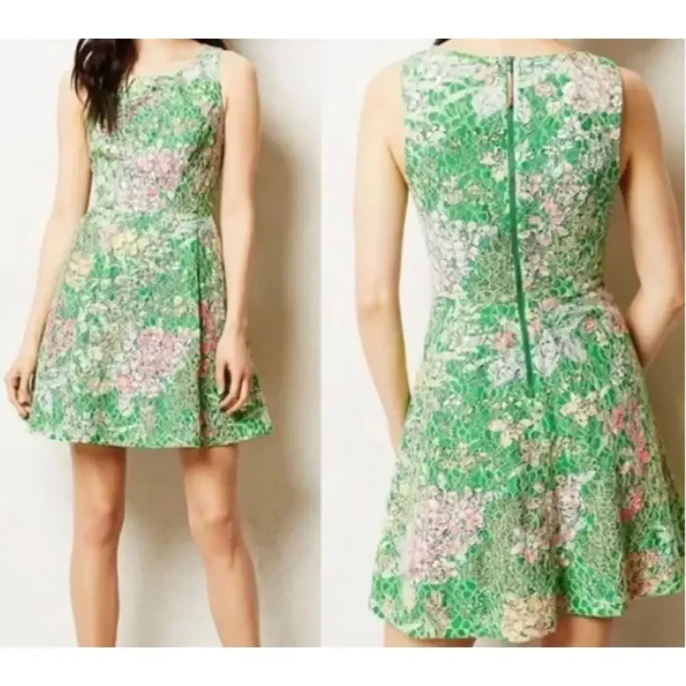 Maeve Verbena Dress Lace Overlay Sequins Green Pink Zip Up‎ Womens 4 Mini